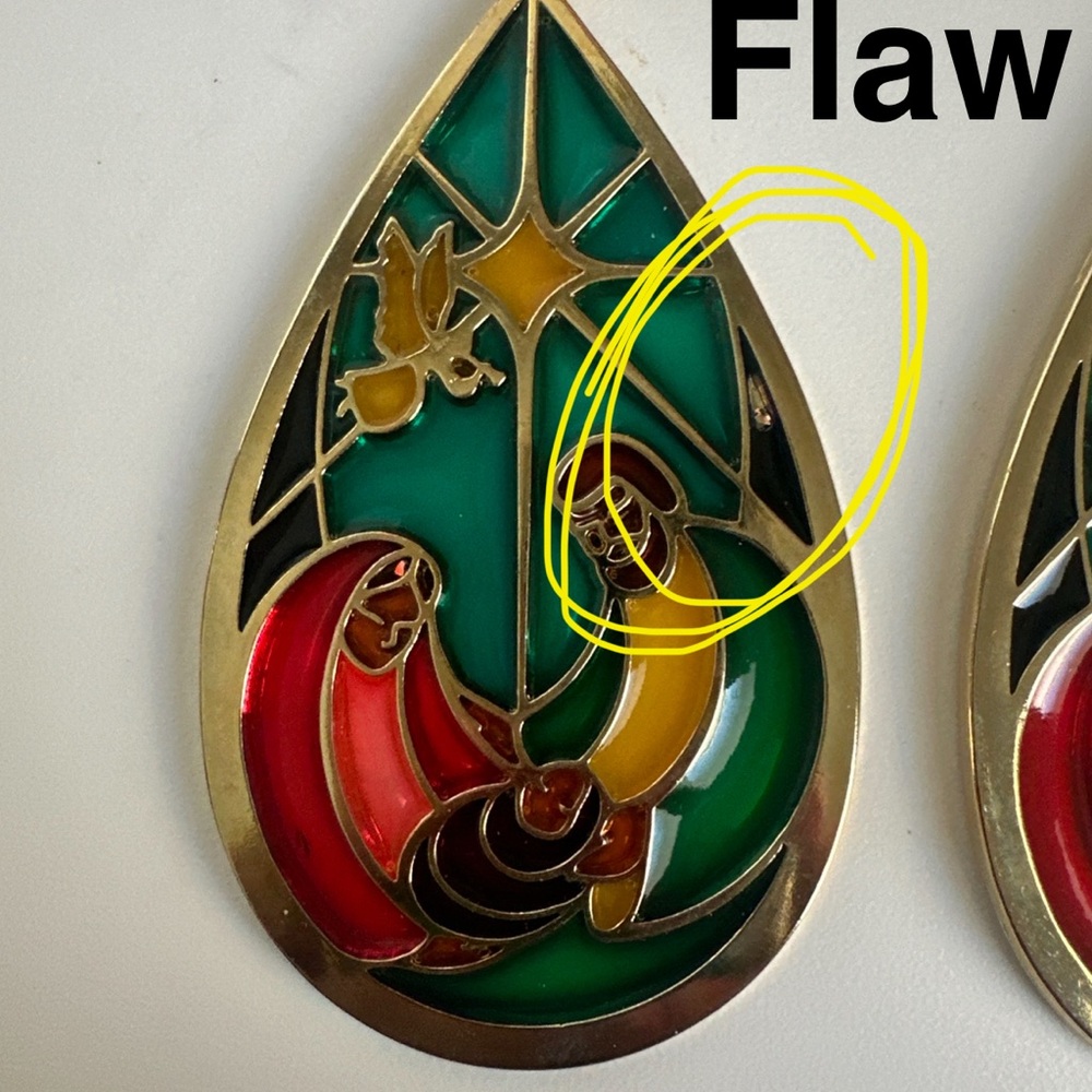 (2) Holy Family Stained Glass Window Teardrop Shape Gold Tone Xmas Ornament - Picture 3 of 15